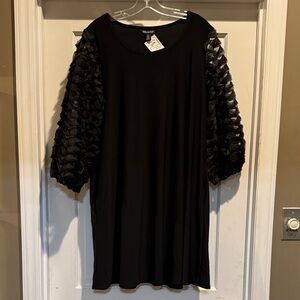 Nina Leonard Black Dress with Textured Ruffle Sleeve Detail, 1X